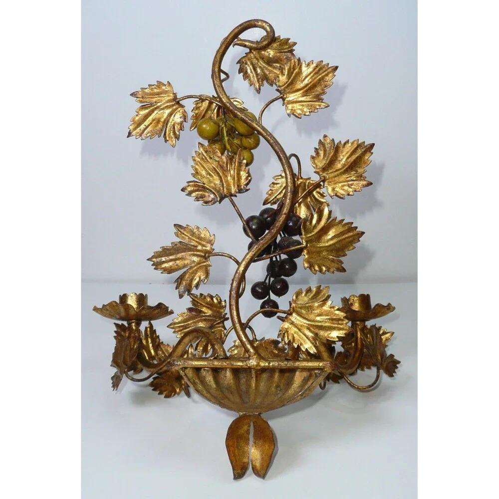 Vtg 2 Candle Sconce Italian Style Gold Grape Vine Gilt Metal Toleware Wall MCM